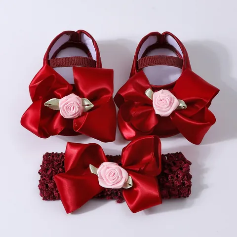 Infant Baby Girl Princess Shoes Set With Headband Satin Bow Floral Soft Sole First Walkers For Birthday Wedding Party Dress Shoes