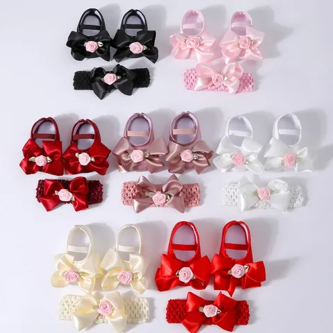 Infant Baby Girl Princess Shoes Set With Headband Satin Bow Floral Soft Sole First Walkers For Birthday Wedding Party Dress Shoes