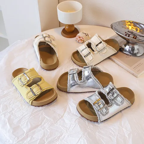 Girls Platform Birkenstock Style Sandals Korean Fashion Kids Double Buckle Fringed Slide Slippers Beach Shoes Summer Casual Footwear