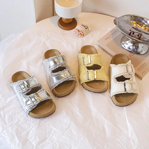 Girls Platform Birkenstock Style Sandals Korean Fashion Kids Double Buckle Fringed Slide Slippers Beach Shoes Summer Casual Footwear