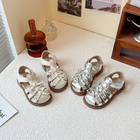Toddler Kids Girls Lolita Sandals Closed Toe Bowknot Princess Shoes Non-Slip Summer Beach Sandals For Girls White Silver