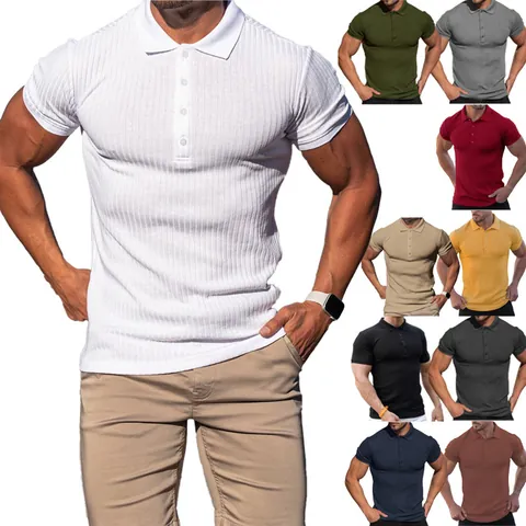 Men's Slim Fit Ribbed Polo Shirt Short Sleeve Casual Sport T-Shirt Solid Color Lapel Neck Muscle Top For Gym Fitness Daily Wear