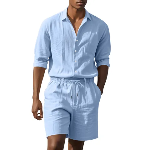 Heren Linnen Overhemd En Shorts Top En Bottom Amerikaanse Stijl Los Strand Lange Mouwen Casual Zomervakantie Outfit Minimalistische Ademende Kleding