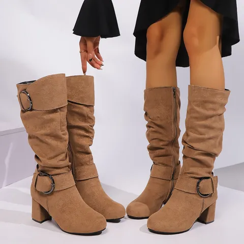Bottes Mi-Mollet Slouchy pour Femmes en Flock Talon Bloc Bout Rond Fermeture Éclair Latérale Boucle Style Occidental Hiver