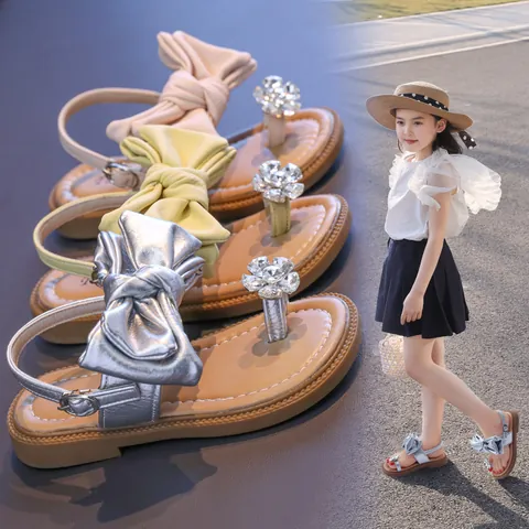 Girls Princess Sandals Summer Korean Style Bow Rhinestone Open Toe Flat Shoes For Kids Silver Pink Yellow