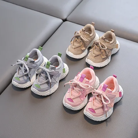Toddler Kids Chunky Sneakers Breathable Mesh Non-Slip Sport Shoes Boys Girls Patchwork Hook And Loop Daily Casual Running Shoes