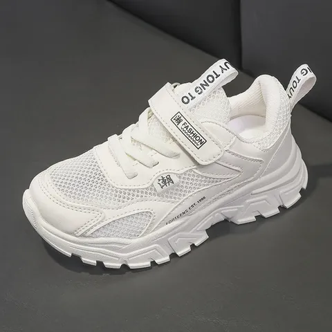 Kids Breathable Mesh Sneakers White Pink Casual Sporty Shoes With Magic Tape For Students Daily Wear School Performance