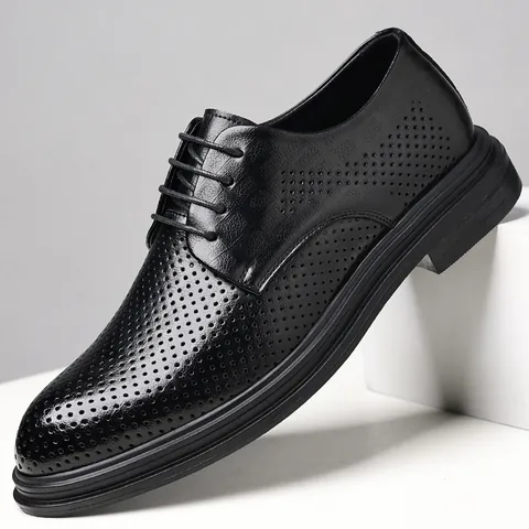 Herren Business Formelle Regenerierte Lederschuhe Sommer Atmungsaktiv Perforiert Hohl Höhenvergrößernde Derby Schuhe Schwarz Hochzeitsschuhe