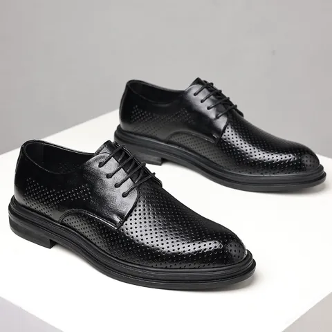 Herren Business Formelle Regenerierte Lederschuhe Sommer Atmungsaktiv Perforiert Hohl Höhenvergrößernde Derby Schuhe Schwarz Hochzeitsschuhe