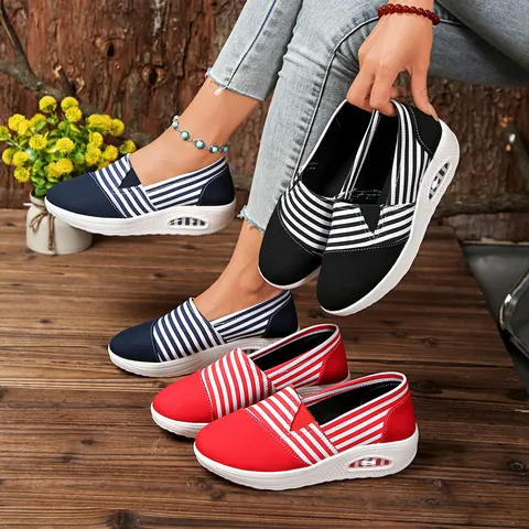 Women's Casual Striped Canvas Rocker Shoes Comfortable Thick Sole Slip-On Platform Walking Shoes For Mom Outdoors
