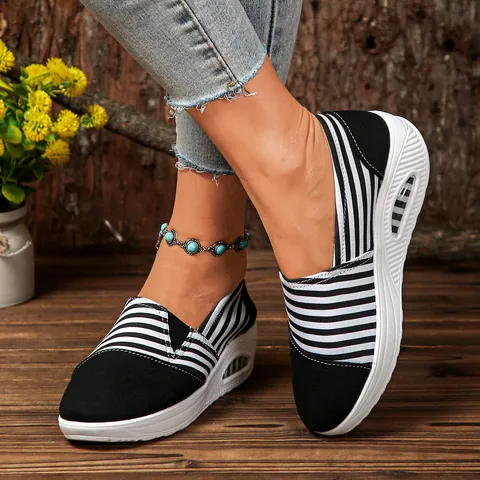Women's Casual Striped Canvas Rocker Shoes Comfortable Thick Sole Slip-On Platform Walking Shoes For Mom Outdoors