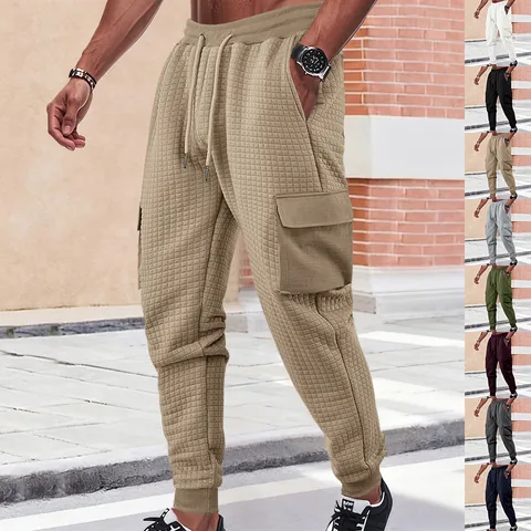 Men Heavyweight Waffle Jacquard Cargo Pants Loose Knitted Jogger Sweatpants With Drawstring Multi-Pocket Casual Outdoor Bottoms