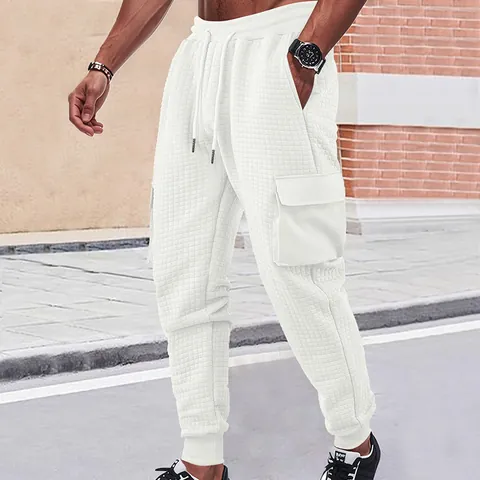 Men Heavyweight Waffle Jacquard Cargo Pants Loose Knitted Jogger Sweatpants With Drawstring Multi-Pocket Casual Outdoor Bottoms