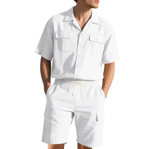 Herren Casual Leinenmischung Kurzarm Hemd Und Shorts Top And Bottom Einfarbig Workwear Sommer Strand Outfit Leicht Bequem Kleidung