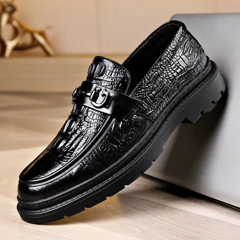 Mocasines de Cuero Formales de Negocios para Hombre Patrón de Cocodrilo en Relieve Zapatos de Vestir Sin Cordones con Bocado de Metal