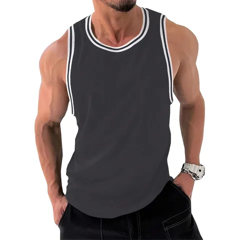 Men's Sports Fitness Tank Top Slim Fit Ribbed Sleeveless Shirt Muscle Training Jersey Color Block Shoulder Strap Top