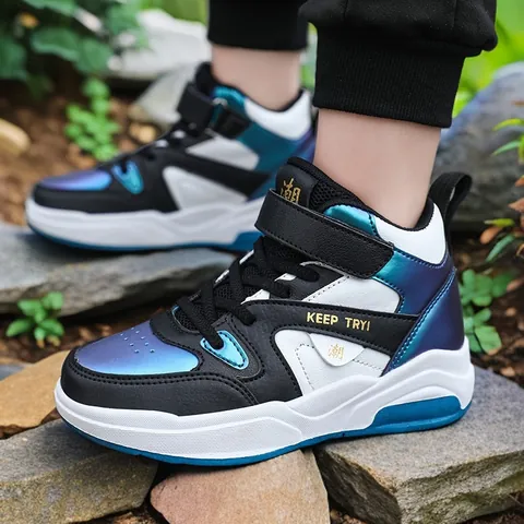 Zapatillas Altas para Niños Transpirables Antideslizantes Suela Blanda de Moda Bloques de Color Gancho y Bucle Zapatos de Correr para Niños Niñas Escuela Diario