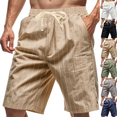 Men Casual Linen Striped Shorts American Retro Breathable Loose Beach Shorts Drawstring Elastic Waist Jacquard Bottom
