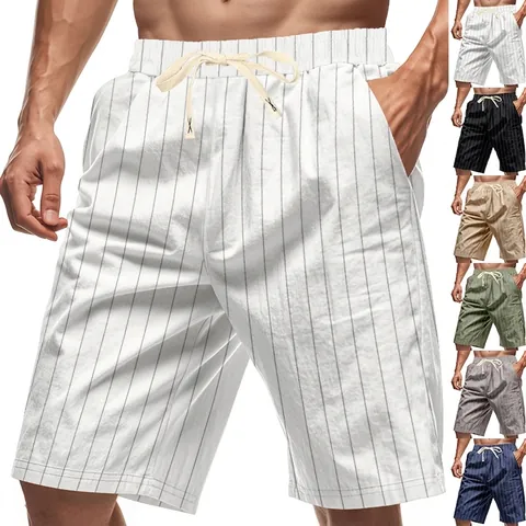 Men Linen Polyester Striped Shorts American Casual Loose Breathable Beach Drawstring Knee Length Summer Fashion Shorts