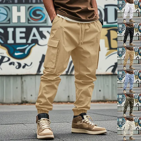 Men's Multi-Pocket Cargo Pants American Outdoor Loose Fit Drawstring Waist Cuffed Ankle Joggers Casual Sports Streetwear Pants