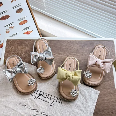 Girls Bow Rhinestone Princess Sandals 2025 Summer New Open Toe Synthetic Leather Rubber Sole Little Kids Party Dress Shoes