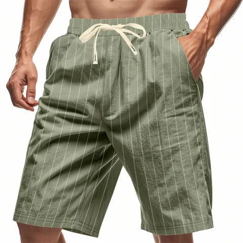 Men Linen Polyester Striped Shorts American Casual Loose Breathable Beach Drawstring Knee Length Summer Fashion Shorts