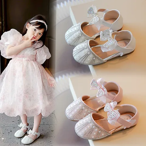 Girls Princess Shoes Rhinestone Pearl Bow Sandals Summer Soft Sole Non Slip Fashion Toddler Kids Wedding Party Dress Shoes