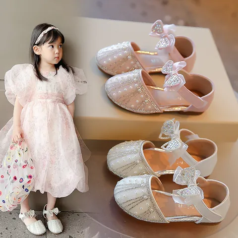 Girls Princess Shoes Rhinestone Pearl Bow Sandals Summer Soft Sole Non Slip Fashion Toddler Kids Wedding Party Dress Shoes