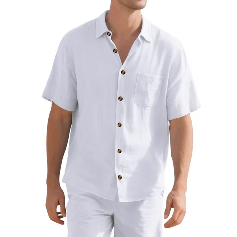 Men American Style Short Sleeve Shirt Minimalist Solid Color Linen Texture Woven Casual Business Shirt for Summer