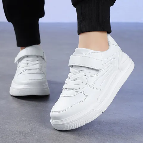 Spring 2024 Kids Sneakers Boys Girls Synthetic Leather Skateboard Shoes Non-Slip Hook And Loop Casual Sport Shoes For Children Big Kids Footwear