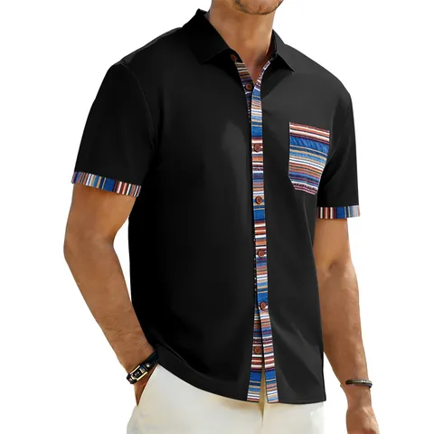 Men's Summer Bohemian Short Sleeve Shirt Contrast Color Patchwork Pocket Lapel Casual Polyester Spandex Vacation Top