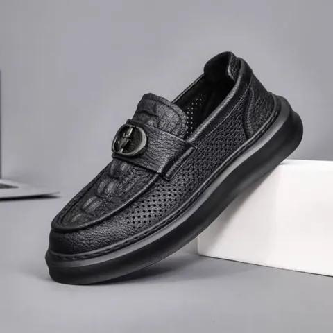Mocassins en Cuir de Mouton Véritable pour Hommes Ajourés Chaussures de Conduite Mode Mocassins Décontractés Respirants Motif Crocodile