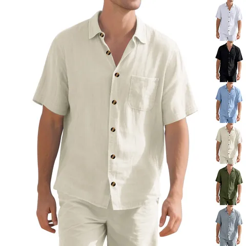 Men American Style Short Sleeve Shirt Minimalist Solid Color Linen Texture Woven Casual Business Shirt for Summer