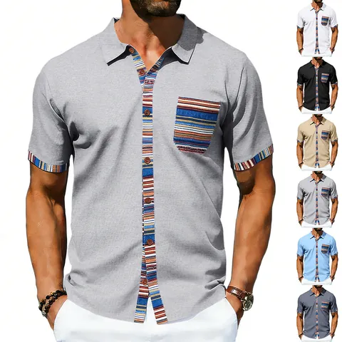 Men's Summer Bohemian Short Sleeve Shirt Contrast Color Patchwork Pocket Lapel Casual Polyester Spandex Vacation Top