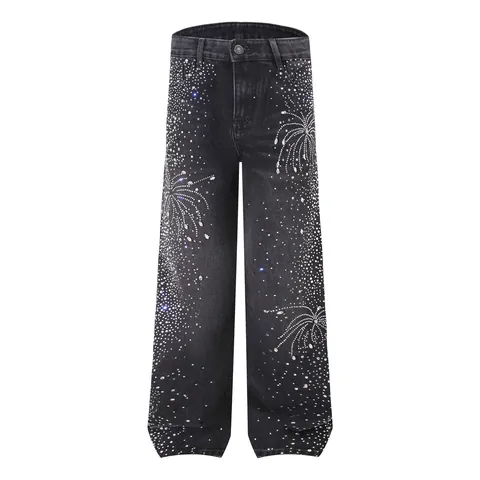 Men's Loose Straight Rhinestone Jeans Streetwear Firework Pattern Baggy Denim Pants Modal Rabbit Hair Cotton Washed Trousers
