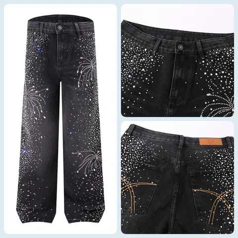 Men's Loose Straight Rhinestone Jeans Streetwear Firework Pattern Baggy Denim Pants Modal Rabbit Hair Cotton Washed Trousers