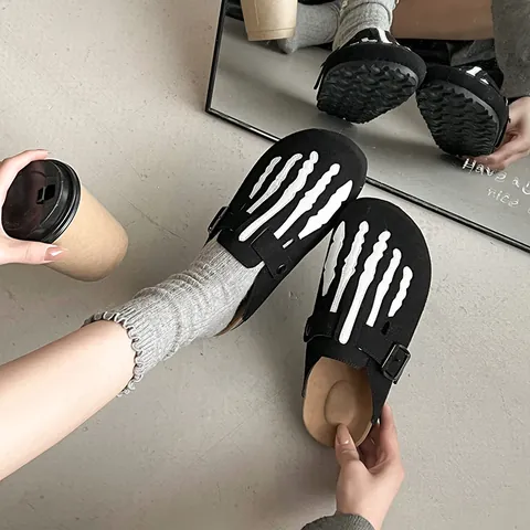 Women Fashion Clogs Skeleton Hand Pattern Synthetic Leather Suede Texture Birkenstock Style Adjustable Buckle Thick Sole Casual Slippers