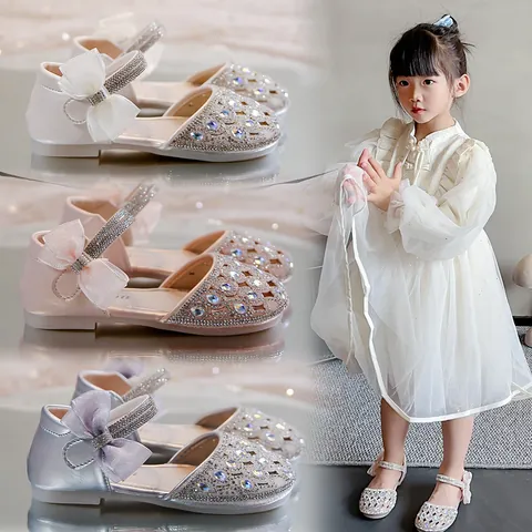Girls Princess Rhinestone Hollow Sandals Summer Korean Style Dance Performance Shoes For Kids Silver Pink Beige