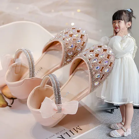 Girls Princess Rhinestone Hollow Sandals Summer Korean Style Dance Performance Shoes For Kids Silver Pink Beige