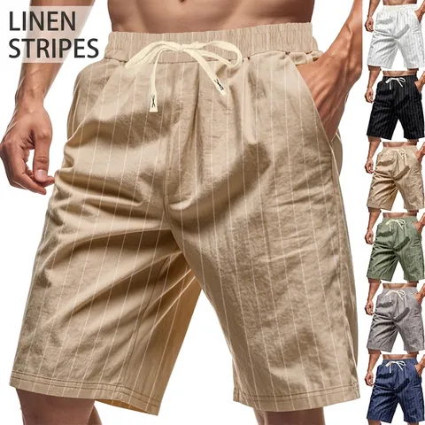 Men Striped Linen Shorts Loose Fit Casual Beach Shorts Elastic Waist Drawstring Summer Breathable Lightweight Bottom
