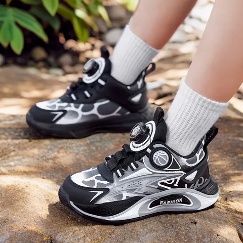 Boys Kids Sports Running Shoes Rotating Button Closure Breathable Mesh Sneakers Spring Autumn Outdoor Basketball Shoes
