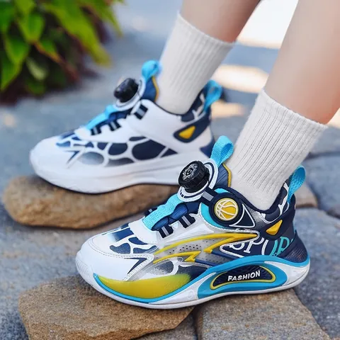Boys Kids Sports Running Shoes Rotating Button Closure Breathable Mesh Sneakers Spring Autumn Outdoor Basketball Shoes