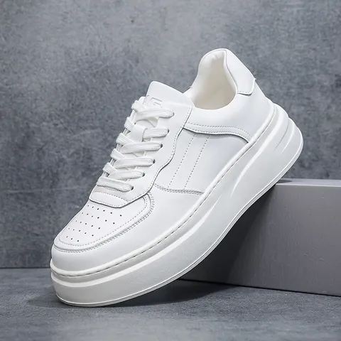 Men White Cowhide Leather Casual Sneakers Platform Breathable Low Top Board Shoes Fashion Urban Minimalist Walking Shoes