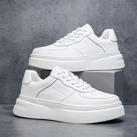 Men White Cowhide Leather Casual Sneakers Platform Breathable Low Top Board Shoes Fashion Urban Minimalist Walking Shoes