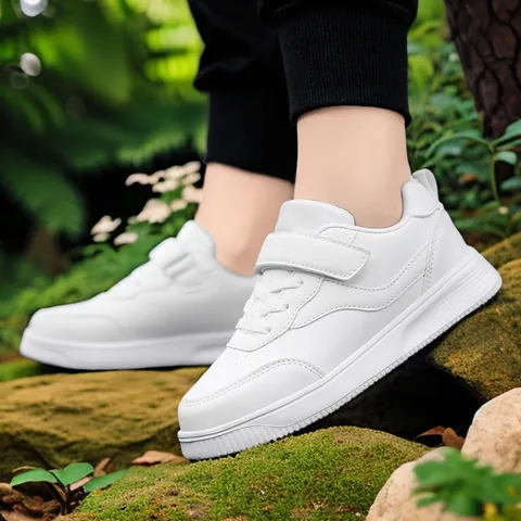 Children's Casual White Sneakers Breathable Mesh Synthetic Leather Board Shoes For Boys Girls School Kindergarten Performance
