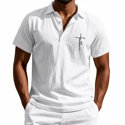 Men Casual Linen Blend Polo Shirt Faith Cross Print Short Sleeve Loose Fit Lapel T-Shirt Summer Lightweight Breathable Top