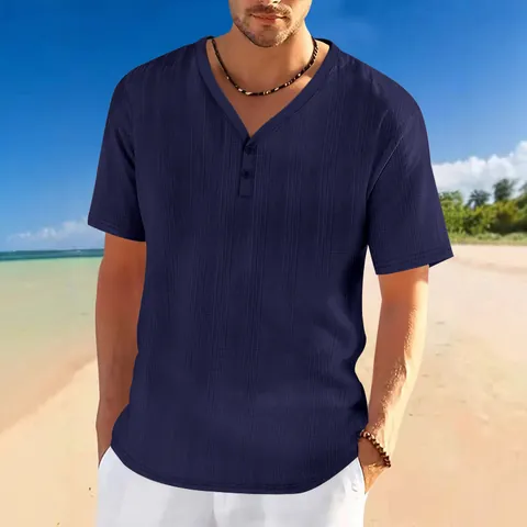 Men's Summer Henley T-Shirt Slub Linen Texture Loose Breathable Casual Short Sleeve V-Neck Button Top Fashion Leisure Tee