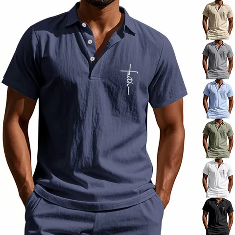 Men Casual Linen Blend Polo Shirt Faith Cross Print Short Sleeve Loose Fit Lapel T-Shirt Summer Lightweight Breathable Top