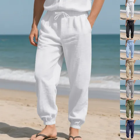Herren Casual Leinen Jogginghose Atmungsaktiv Sommer Strandhose Lose Kordelzug Bündchen Hose Einfarbig Leicht Herren Unterteil