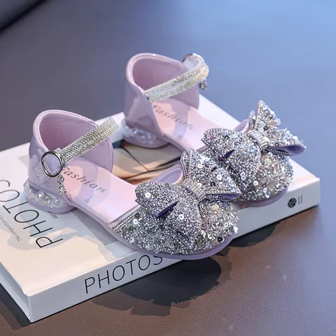 Girl's Rhinestone Sequin Bowknot Princess Shoes Synthetic Leather Low Heel Party Wedding Dress Shoes For Kids